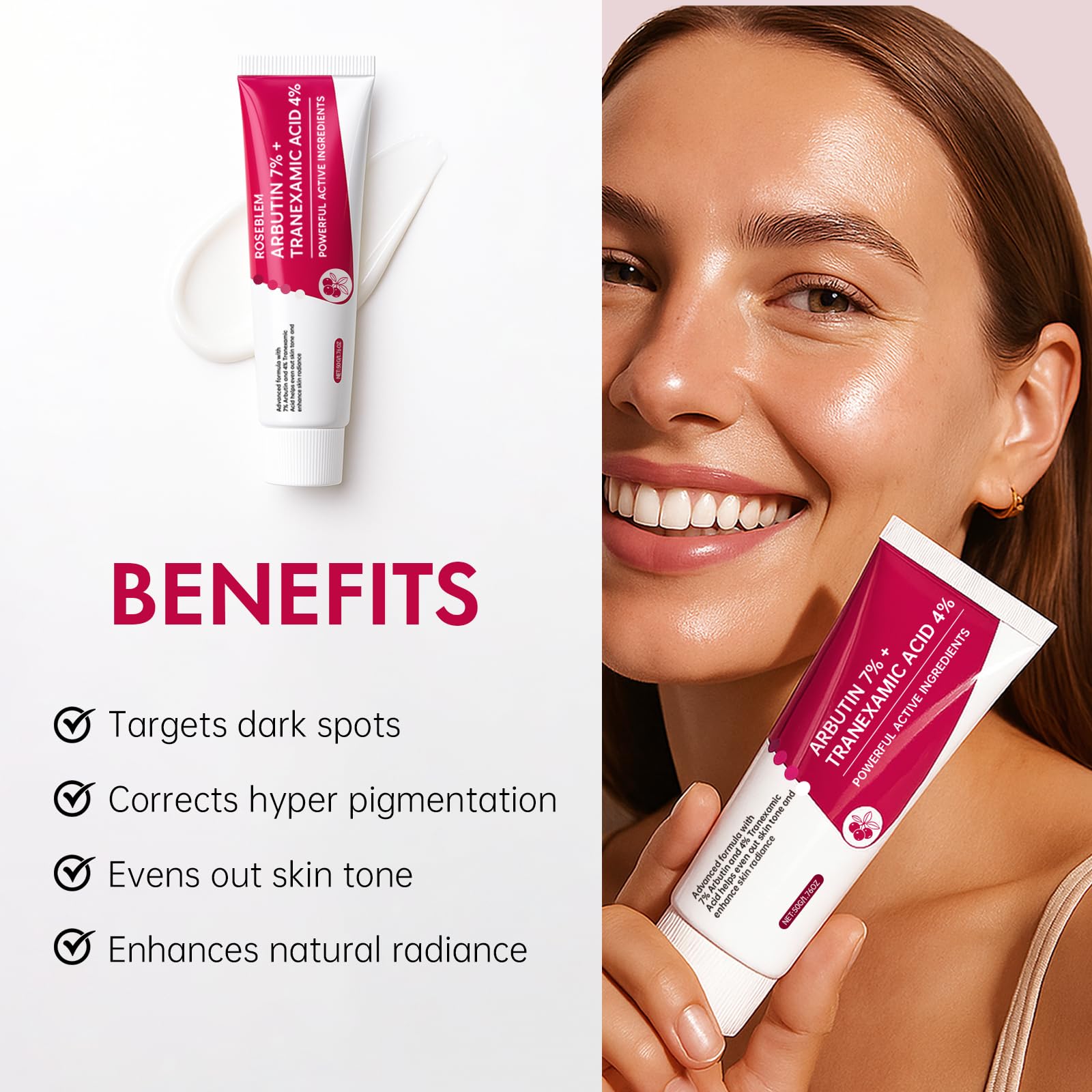 Roseblem Arbutin 7% + Tranexamic 4% Face Cream for Dark Spots & Even Tone – Hydrating & Gentle