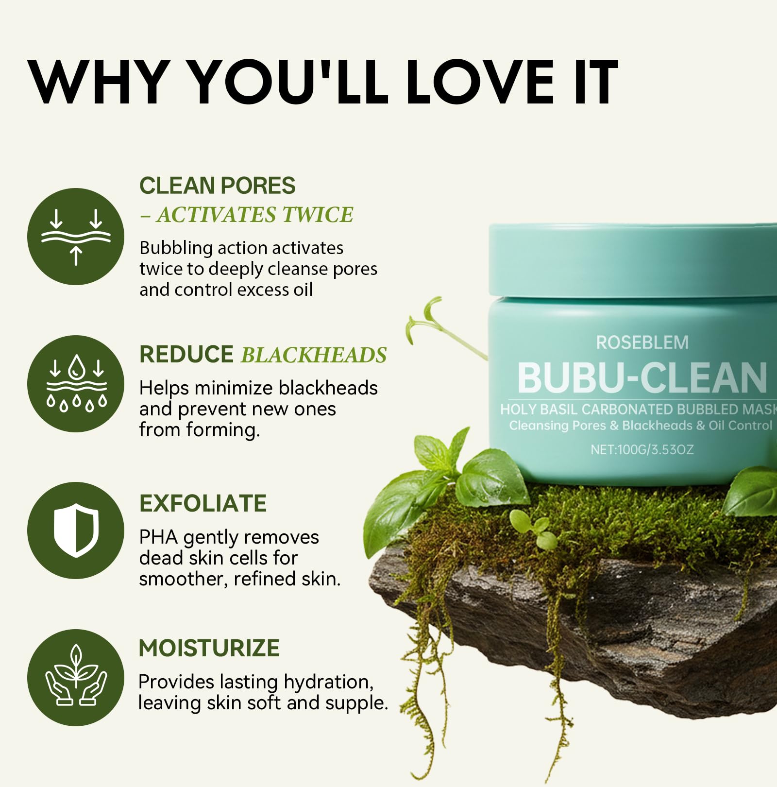 Roseblem Holy Basil Bubble Deep Mask – Carbonated Clay for Pore Cleansing & Oil Balance (3.53 oz)