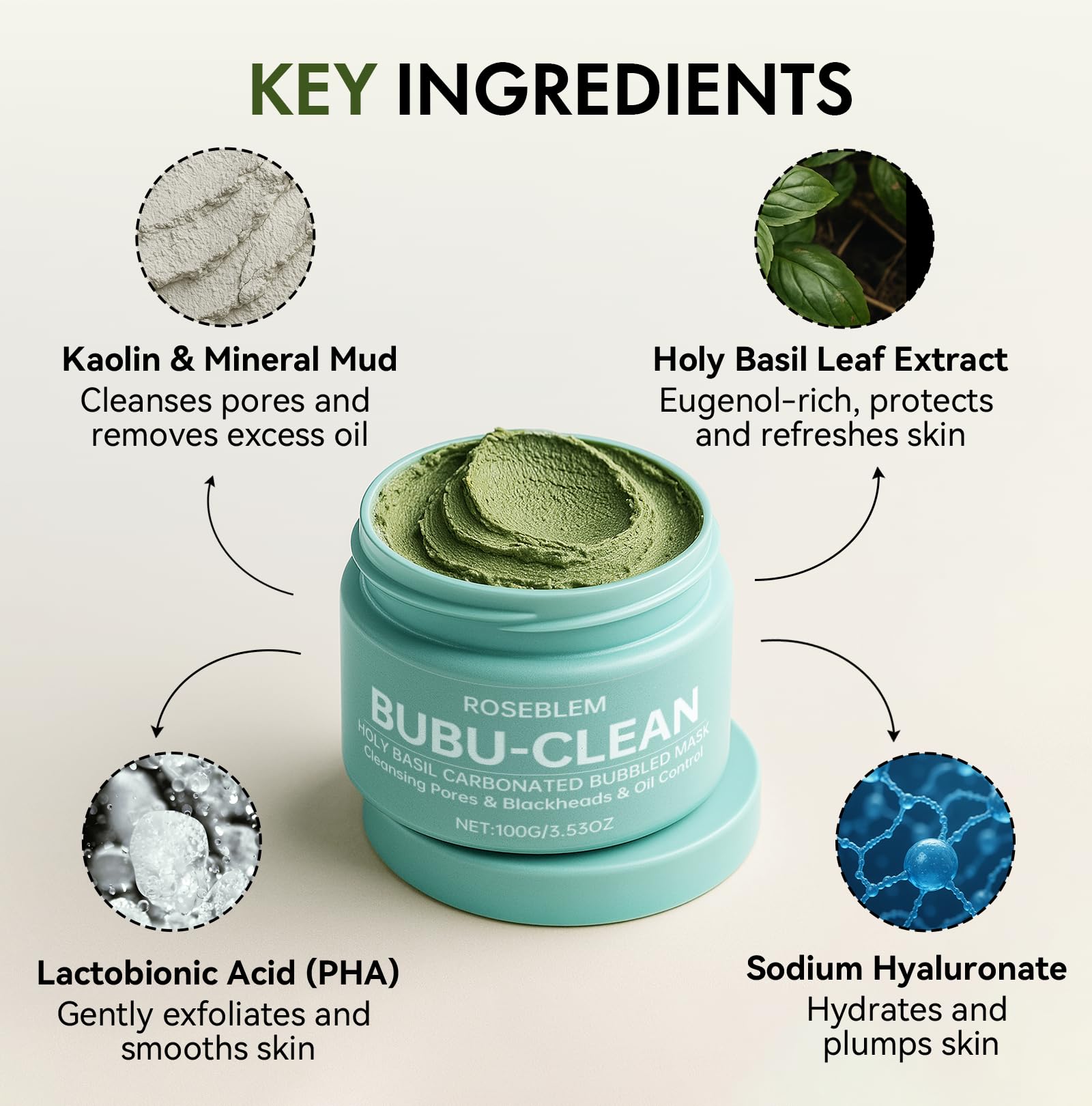 Roseblem Holy Basil Bubble Deep Mask – Carbonated Clay for Pore Cleansing & Oil Balance (3.53 oz)