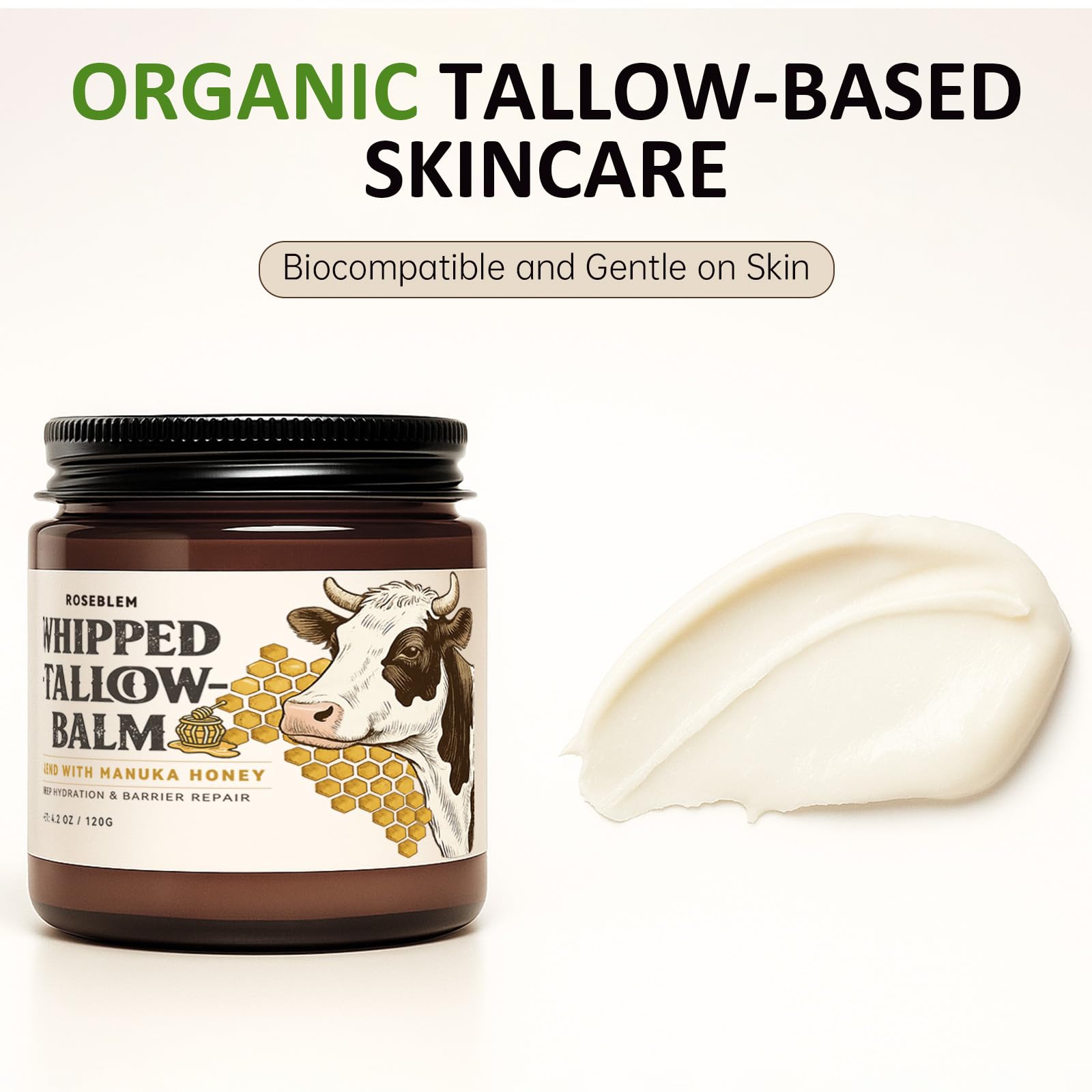 Roseblem Whipped Tallow Balm for Face & Body – 100% Grass-Fed Tallow, Manuka Honey & Beeswax (4.2 oz)