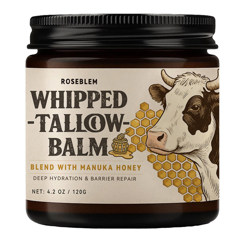 Roseblem Whipped Tallow Balm for Face & Body – 100% Grass-Fed Tallow, Manuka Honey & Beeswax (4.2 oz)
