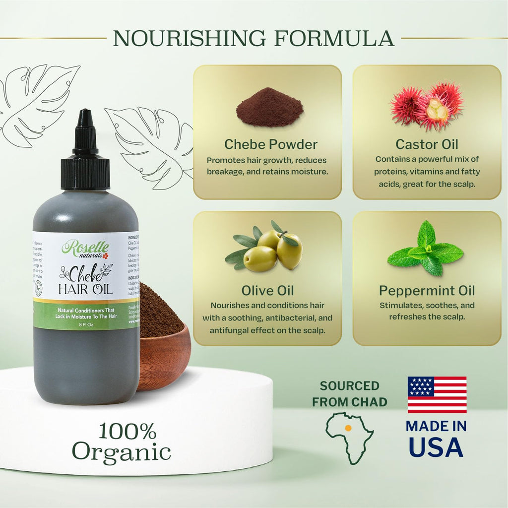 Roselle Naturals Chadian Hair Oil for Growth — 8 oz, USA Made with Chebe Powder