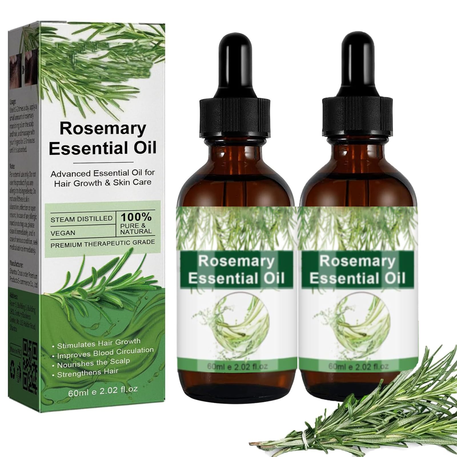 Rosemary Oil for Hair Growth & Treatment – 60 ml / 2.2 fl oz Dropper Bottle Pack (2 Units)