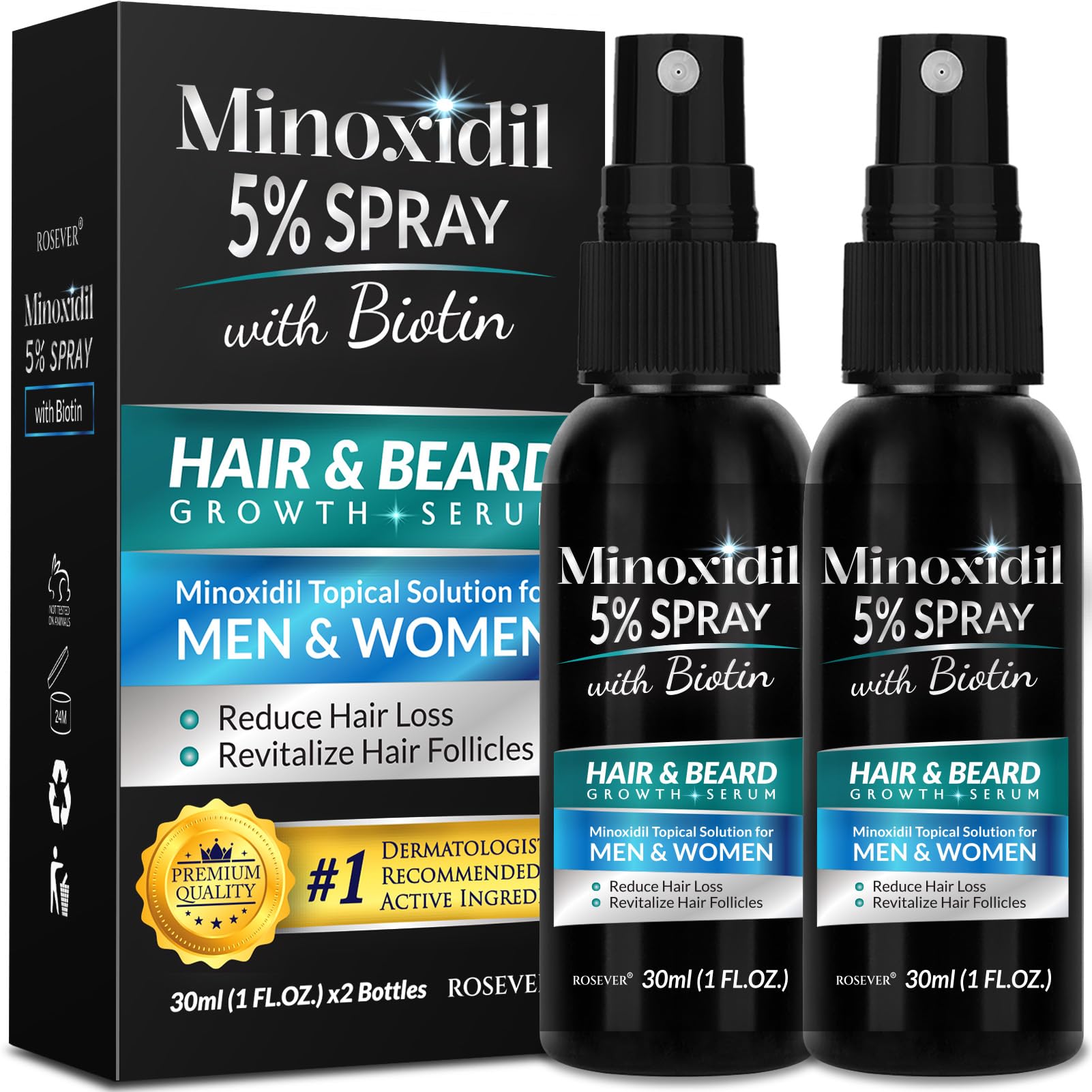 Rosever 5% Minoxidil Spray for Hair & Beard Growth – Men & Women, 2-Pack