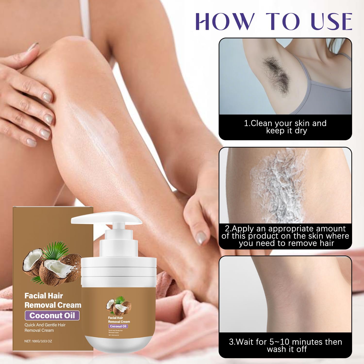 ROSINO Coconut Oil Facial Hair Removal Cream for Women | Gentle, Natural Depilatory Cream