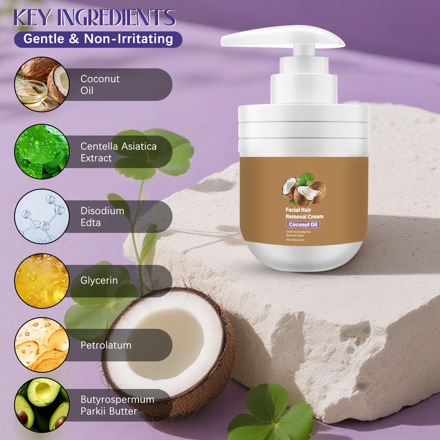 ROSINO Coconut Oil Facial Hair Removal Cream for Women | Gentle, Natural Depilatory Cream