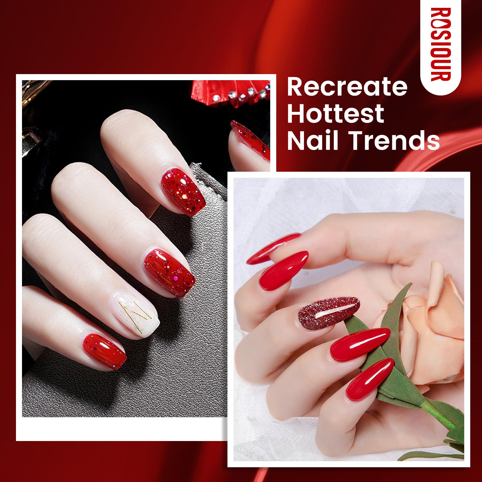 Rosiour HEMA/TPO-Free Fall Winter Gel Nail Polish Set – 24 × 18ml Red Cat Eye & Burgundy Glitter with Matte & Glossy Base, Primer & Blooming Builder