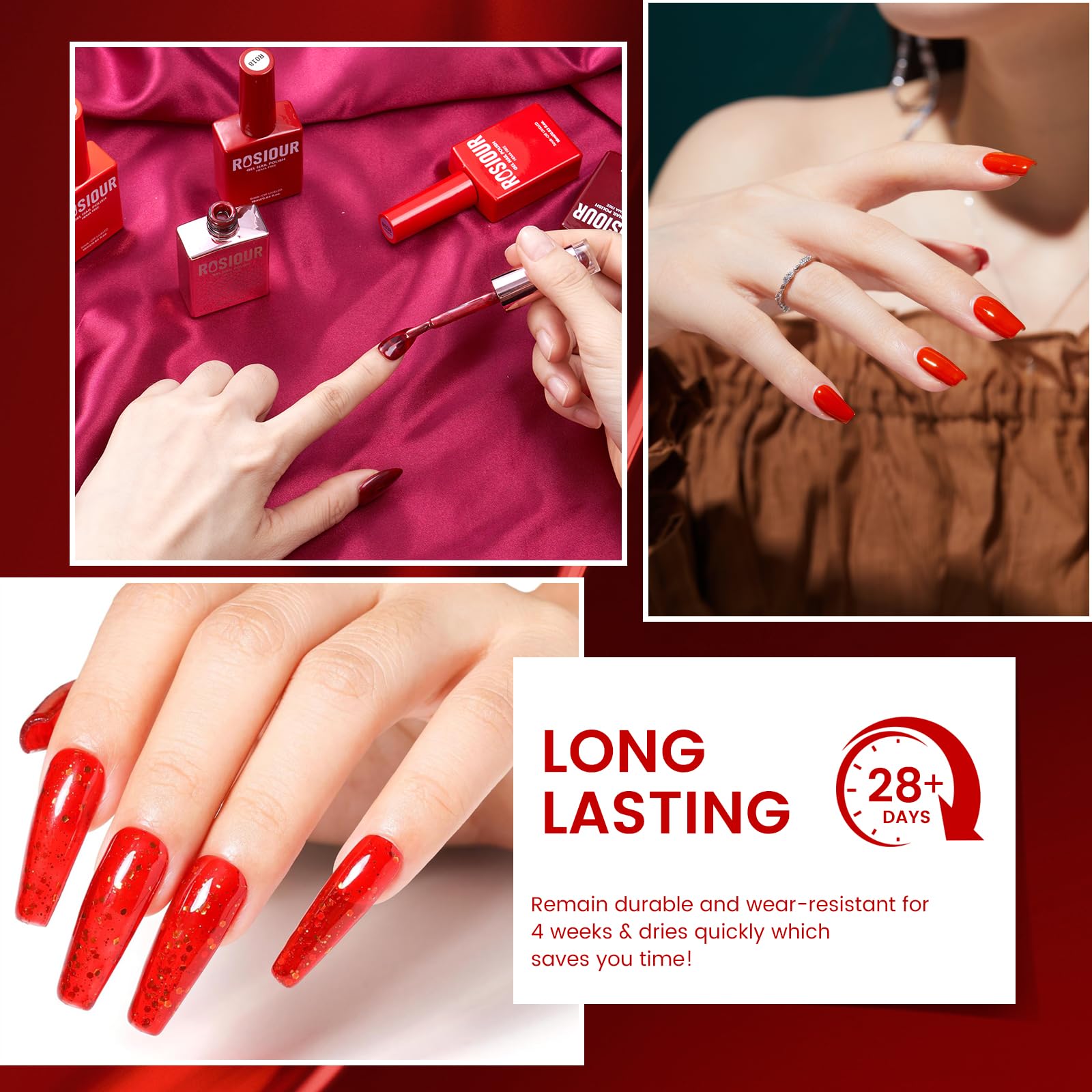 Rosiour HEMA/TPO-Free Fall Winter Gel Nail Polish Set – 24 × 18ml Red Cat Eye & Burgundy Glitter with Matte & Glossy Base, Primer & Blooming Builder