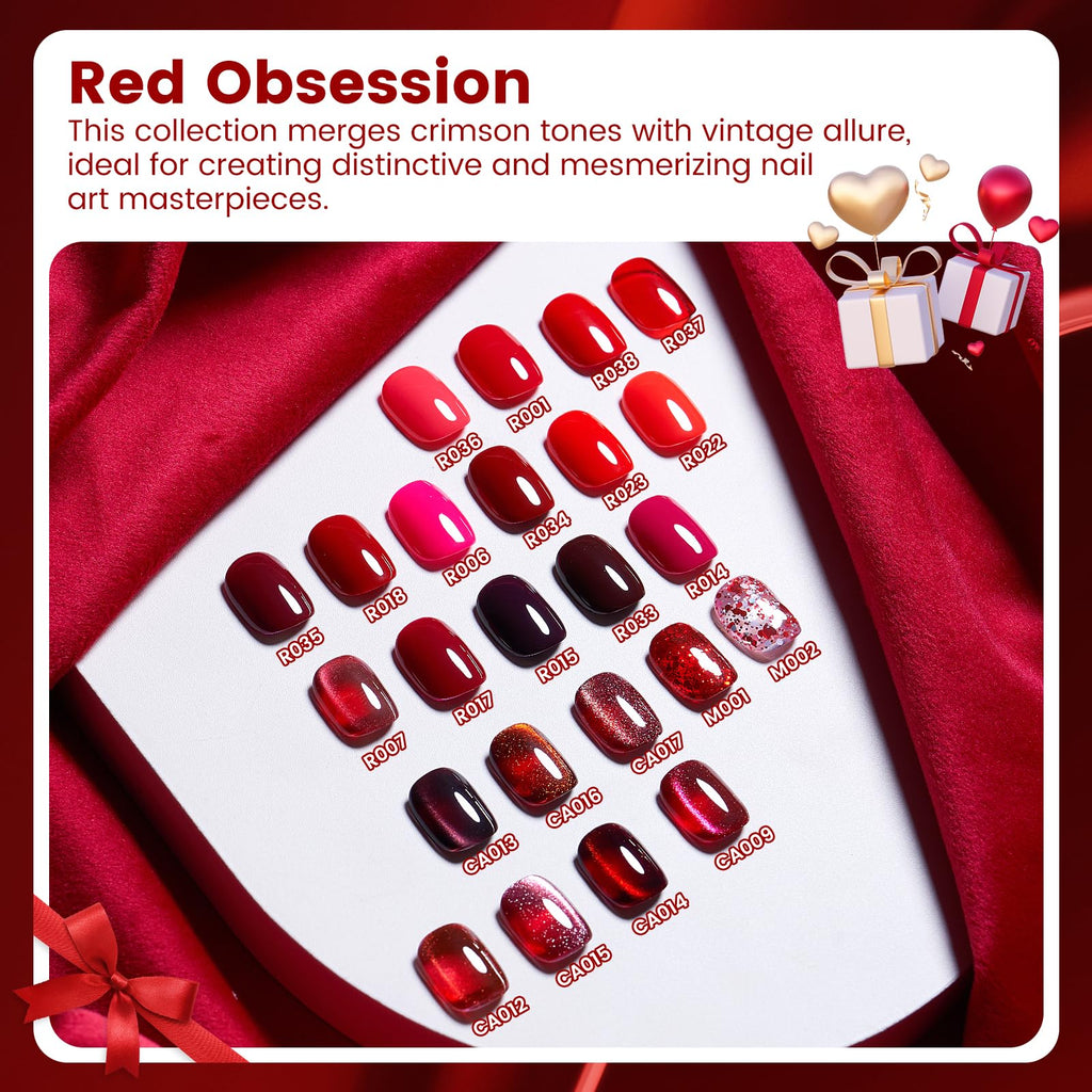 Rosiour HEMA/TPO-Free Fall Winter Gel Nail Polish Set – 24 × 18ml Red Cat Eye & Burgundy Glitter with Matte & Glossy Base, Primer & Blooming Builder
