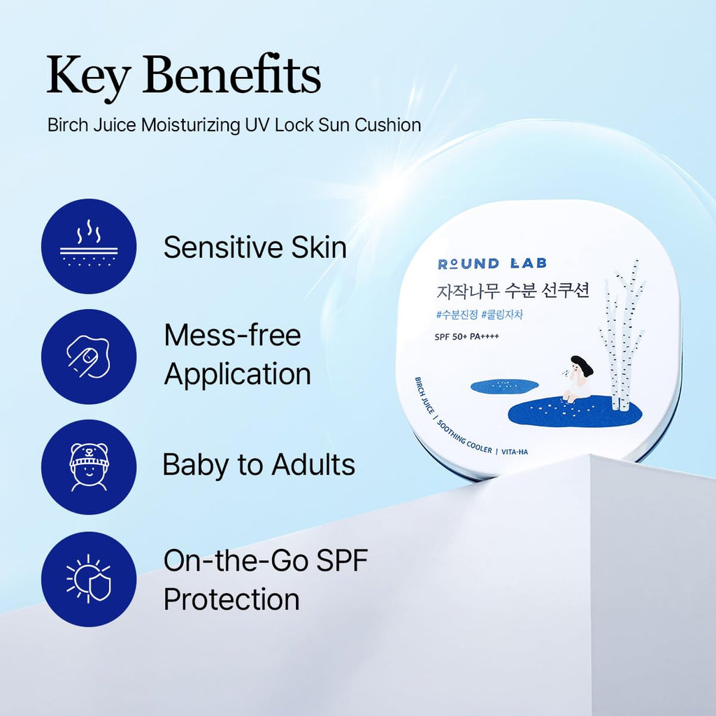 ROUND LAB Birch Juice Moisturizing UV Lock Sun Cushion SPF50+ Broad Spectrum – Mineral Sunscreen, No White Cast, Travel-Ready