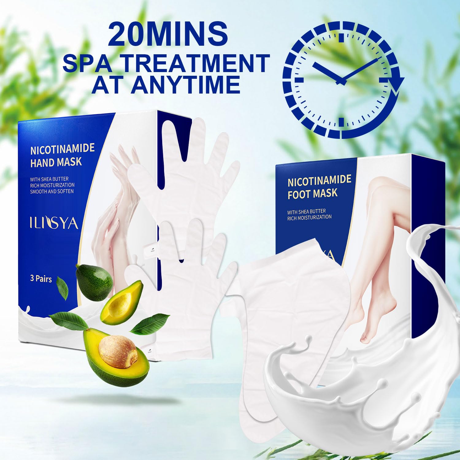 ROUSE Hand & Foot Mask Set — 3 Hand Masks + 3 Foot Masks with Nicotinamide, Shea Butter, Goat Milk