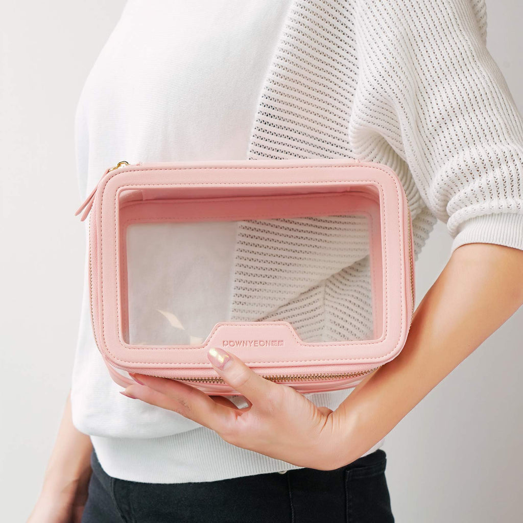 ROWNYEON Clear Makeup Bag - PVC Clear Toiletry Bag for Women, Waterproof Faux Leather, Large Opening, Gold Zippers