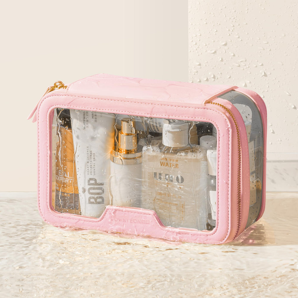 ROWNYEON Clear Makeup Bag - PVC Clear Toiletry Bag for Women, Waterproof Faux Leather, Large Opening, Gold Zippers