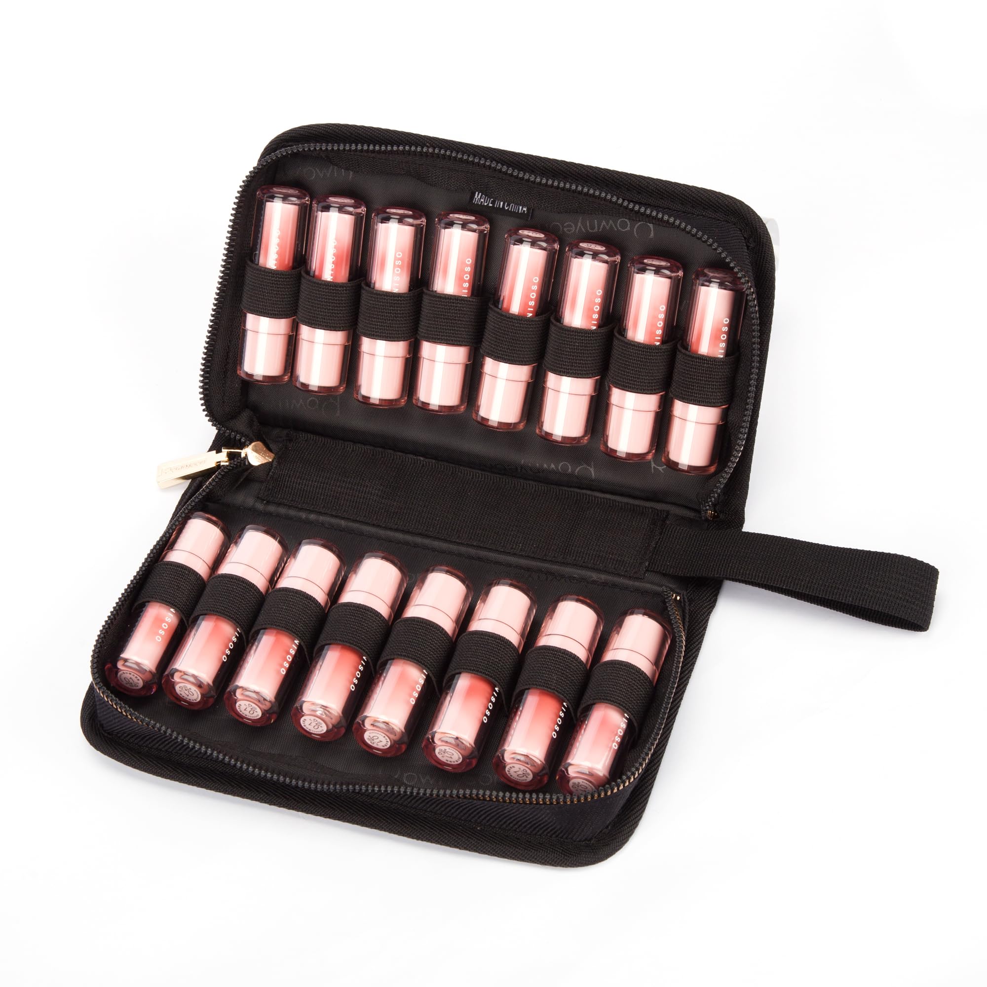ROWNYEON Lipstick Organizer Bag — 16-Slot Short Lipstick Travel Case, Gold Zipper