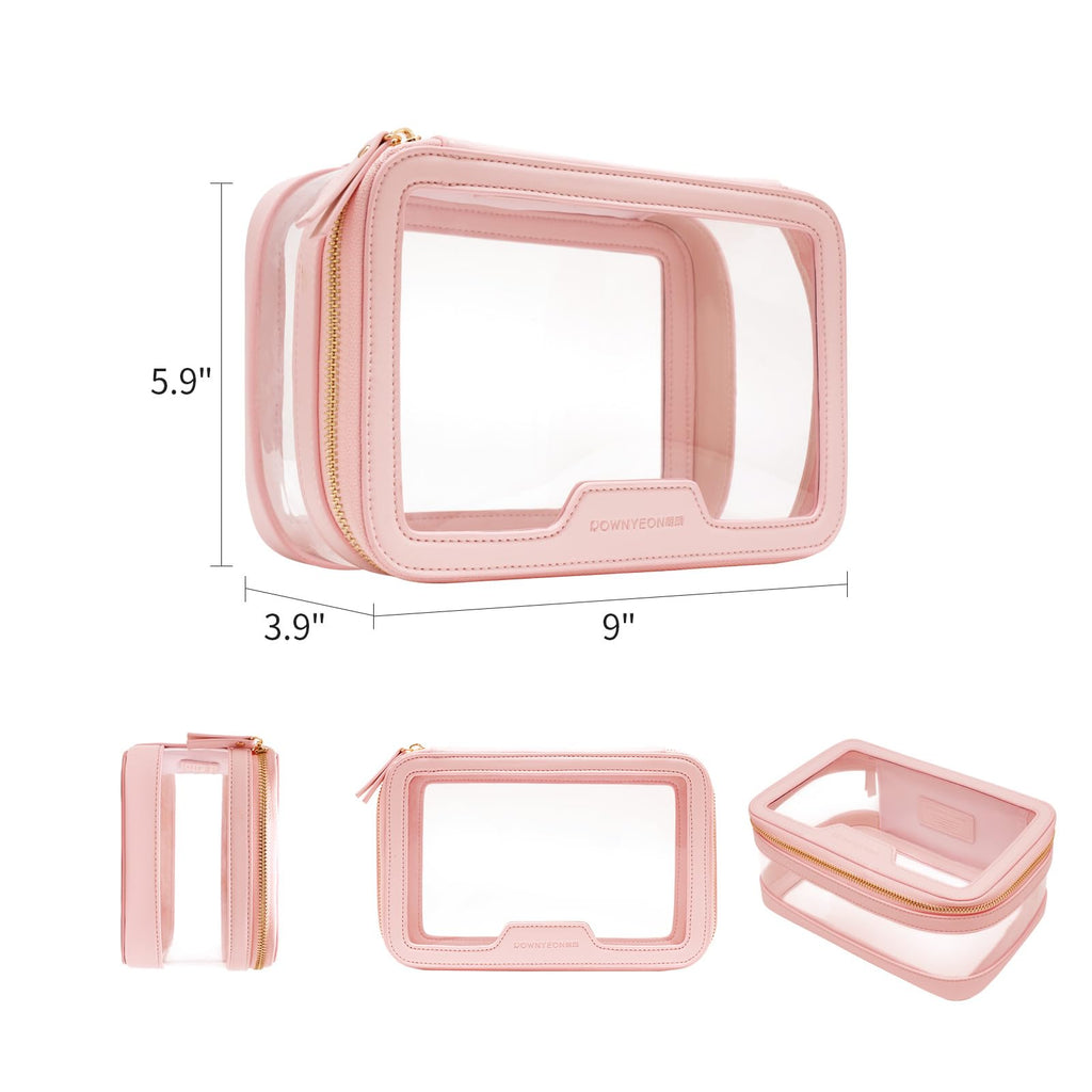 ROWNYEON Clear Makeup Bag - PVC Clear Toiletry Bag for Women, Waterproof Faux Leather, Large Opening, Gold Zippers