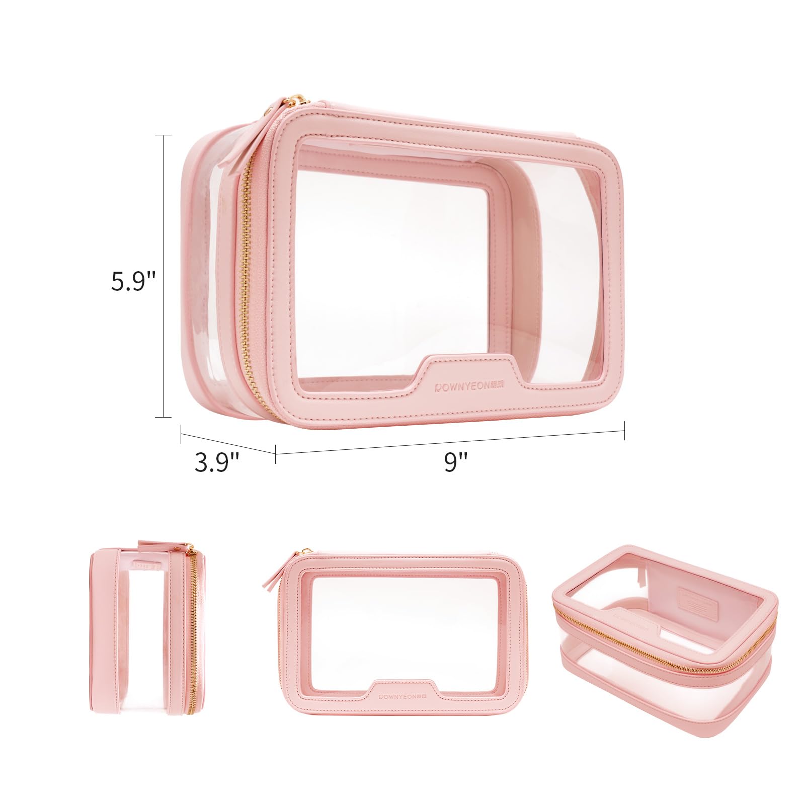 ROWNYEON Clear Makeup Bag - PVC Clear Toiletry Bag for Women, Waterproof Faux Leather, Large Opening, Gold Zippers