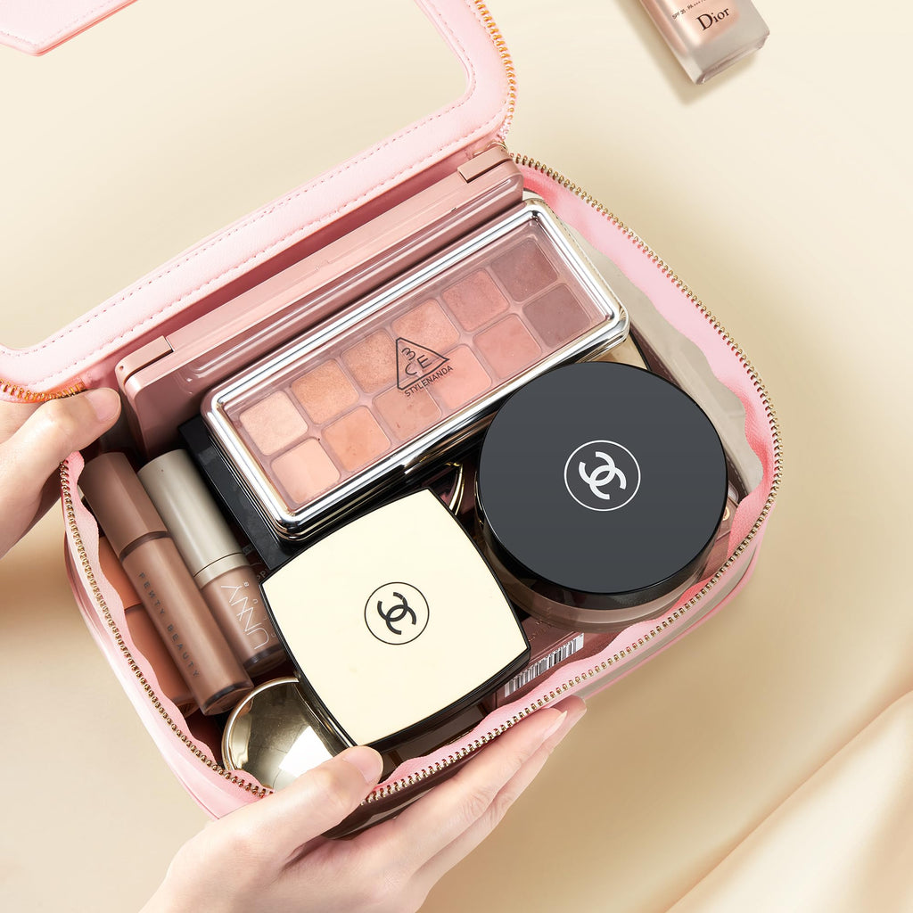 ROWNYEON Clear Makeup Bag - PVC Clear Toiletry Bag for Women, Waterproof Faux Leather, Large Opening, Gold Zippers