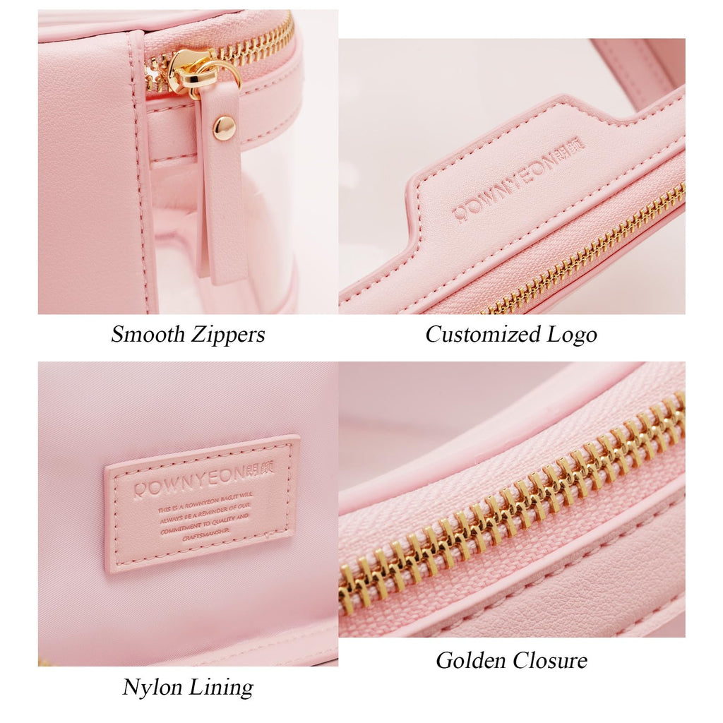 ROWNYEON Clear Makeup Bag - PVC Clear Toiletry Bag for Women, Waterproof Faux Leather, Large Opening, Gold Zippers