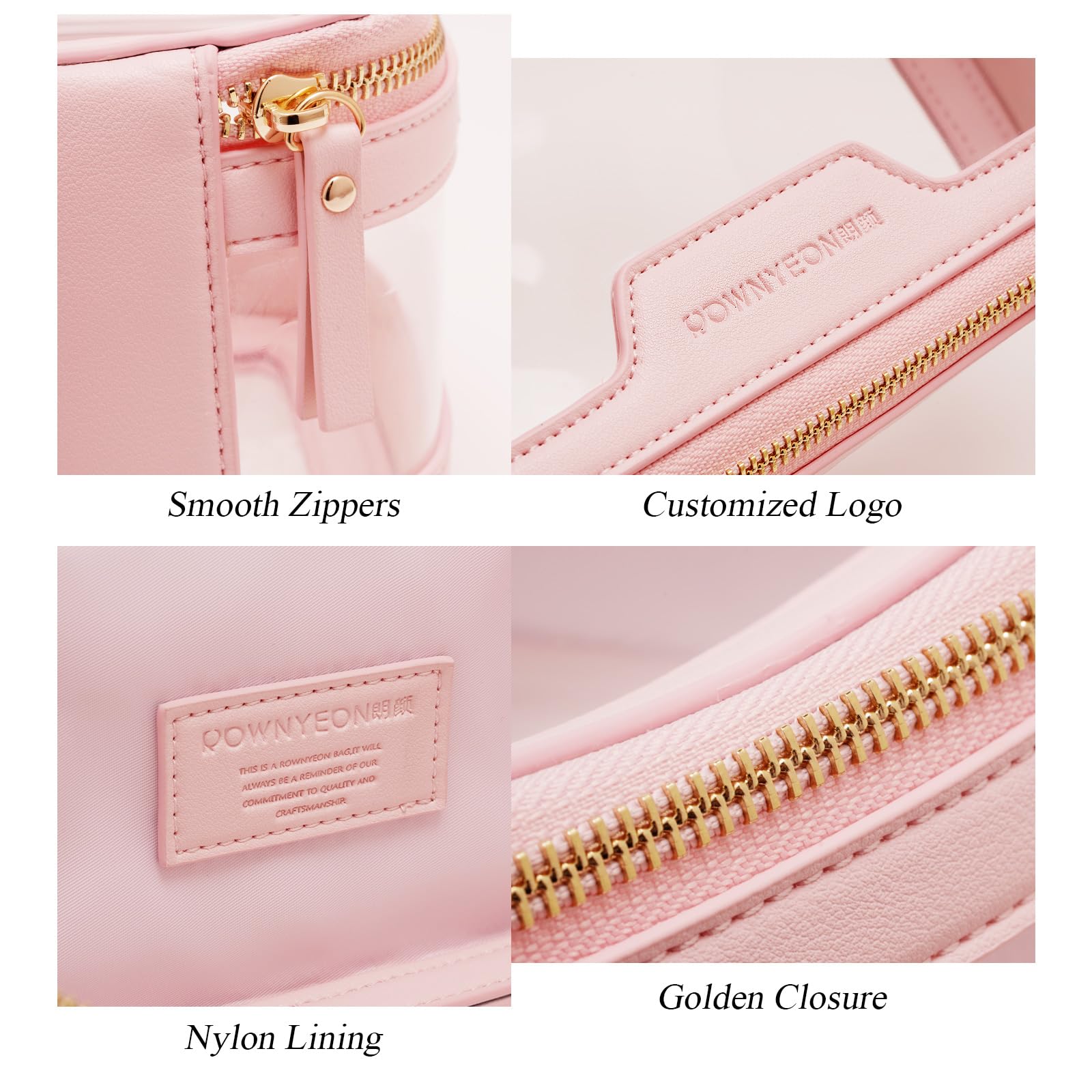 ROWNYEON Clear Makeup Bag - PVC Clear Toiletry Bag for Women, Waterproof Faux Leather, Large Opening, Gold Zippers