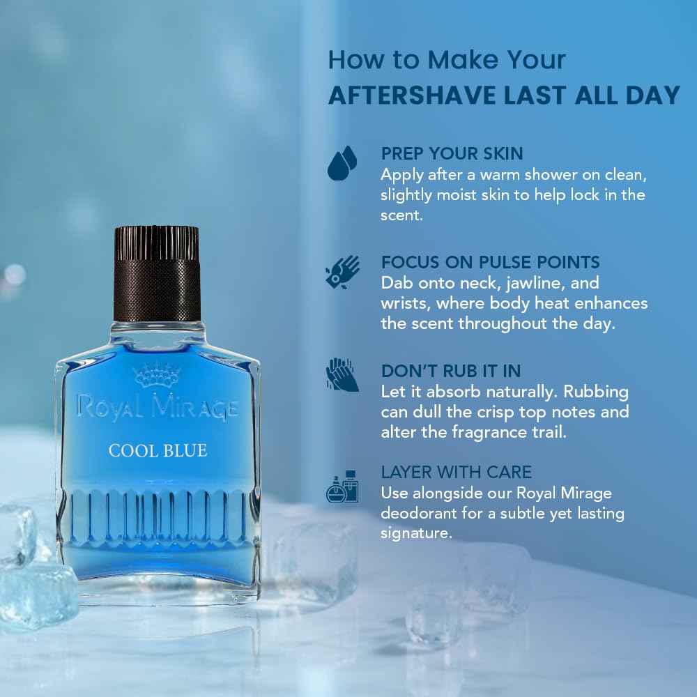 Royal Mirage Cool Blue Aftershave for Men – Ocean Fresh Post-Shave Lotion, 3.4 oz