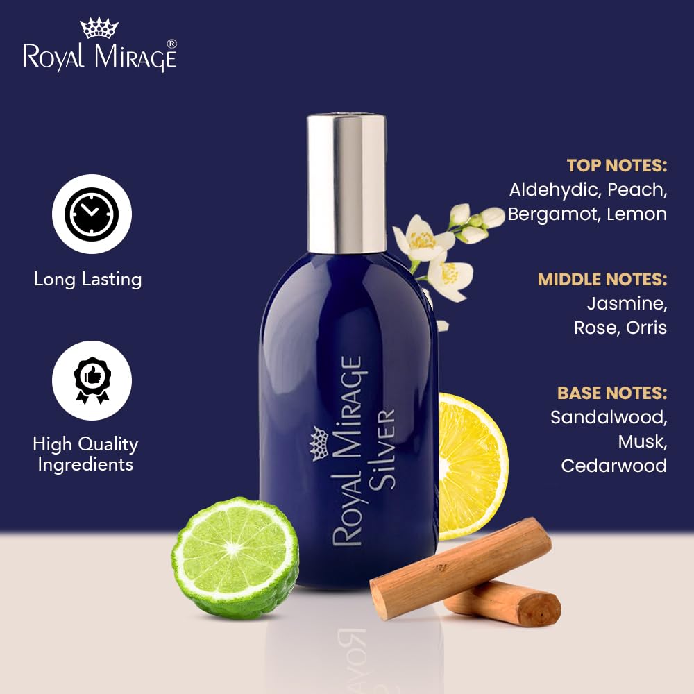 Royal Mirage Silver Eau de Cologne - Premium Floral & Woody Fragrance Spray 120ml | Authentic Heritage Scent