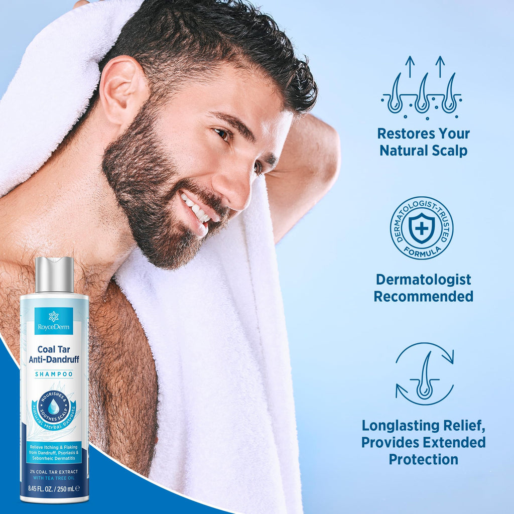 RoyceDerm Coal Tar Dandruff Shampoo - Extra Strength 2% Medicated Relief for Dandruff & Sensitive Scalps