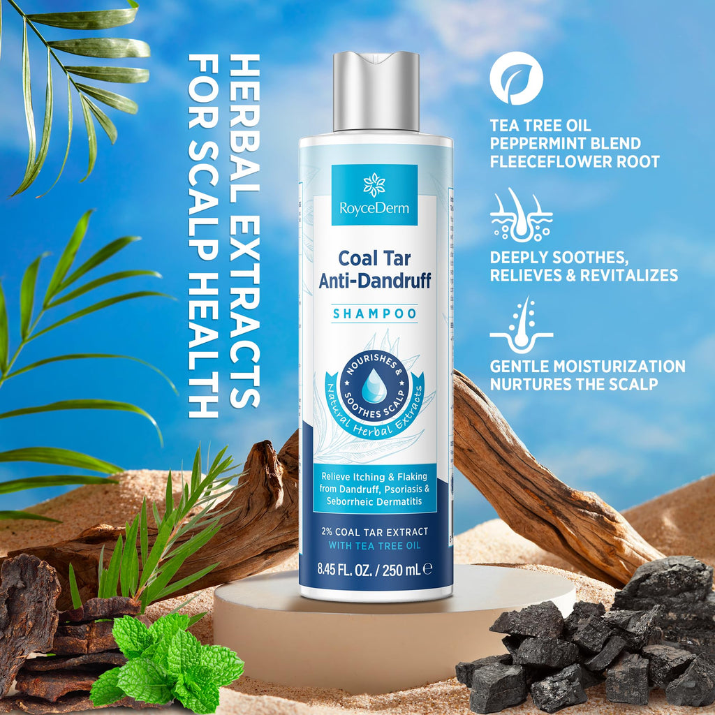 RoyceDerm Coal Tar Dandruff Shampoo - Extra Strength 2% Medicated Relief for Dandruff & Sensitive Scalps