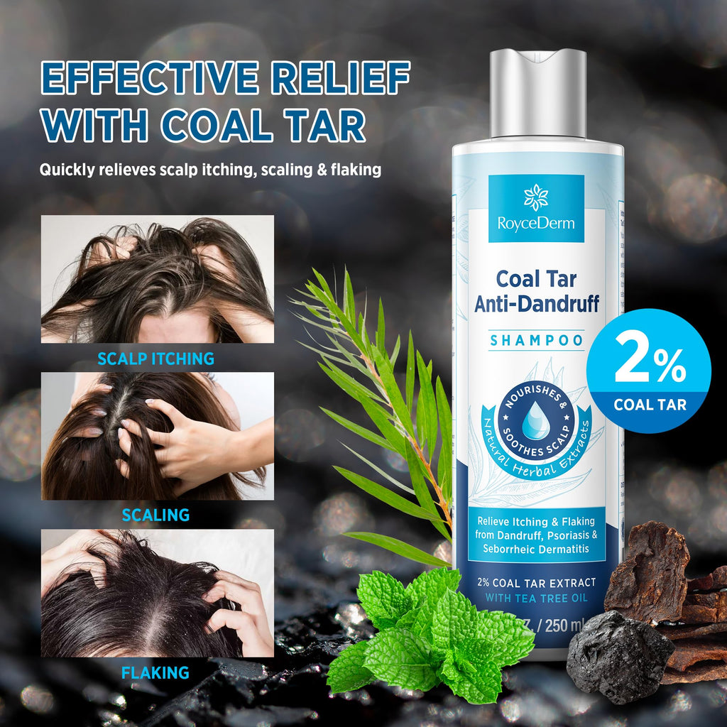 RoyceDerm Coal Tar Dandruff Shampoo - Extra Strength 2% Medicated Relief for Dandruff & Sensitive Scalps