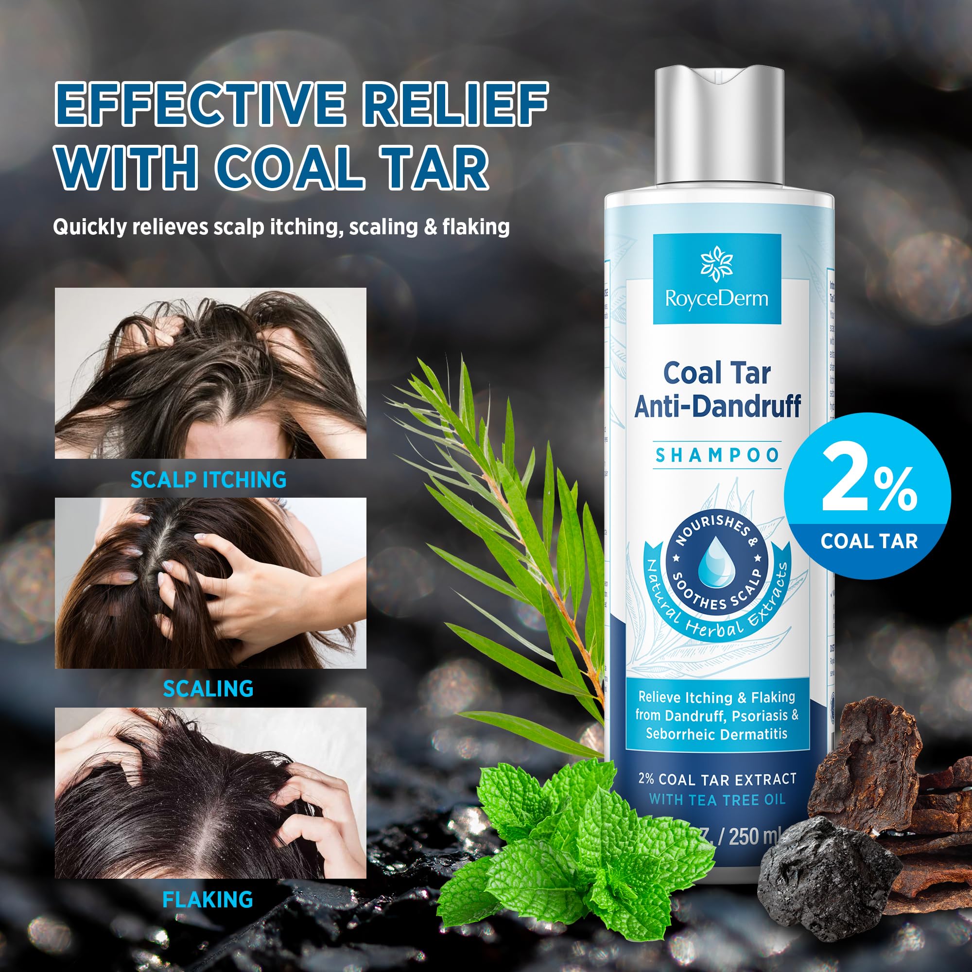 RoyceDerm Coal Tar Dandruff Shampoo - Extra Strength 2% Medicated Relief for Dandruff & Sensitive Scalps