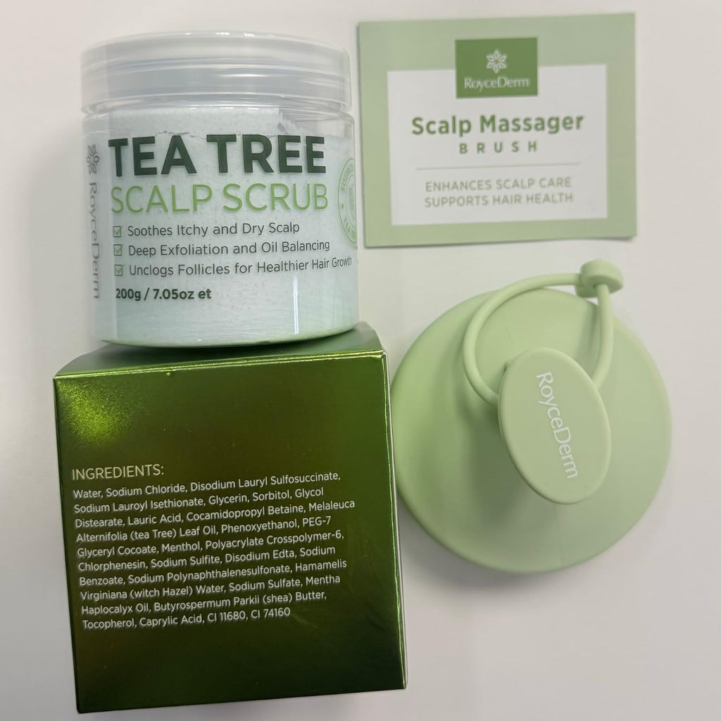 Roycederm Tea Tree Scalp Scrub with Scalp Massager Brush – Deep Cleansing Pre-Shampoo Treatment