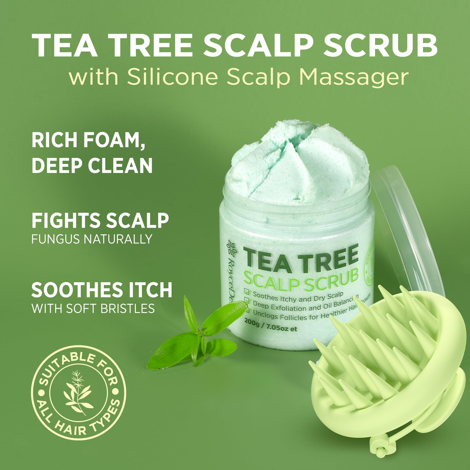 Roycederm Tea Tree Scalp Scrub with Scalp Massager Brush – Deep Cleansing Pre-Shampoo Treatment
