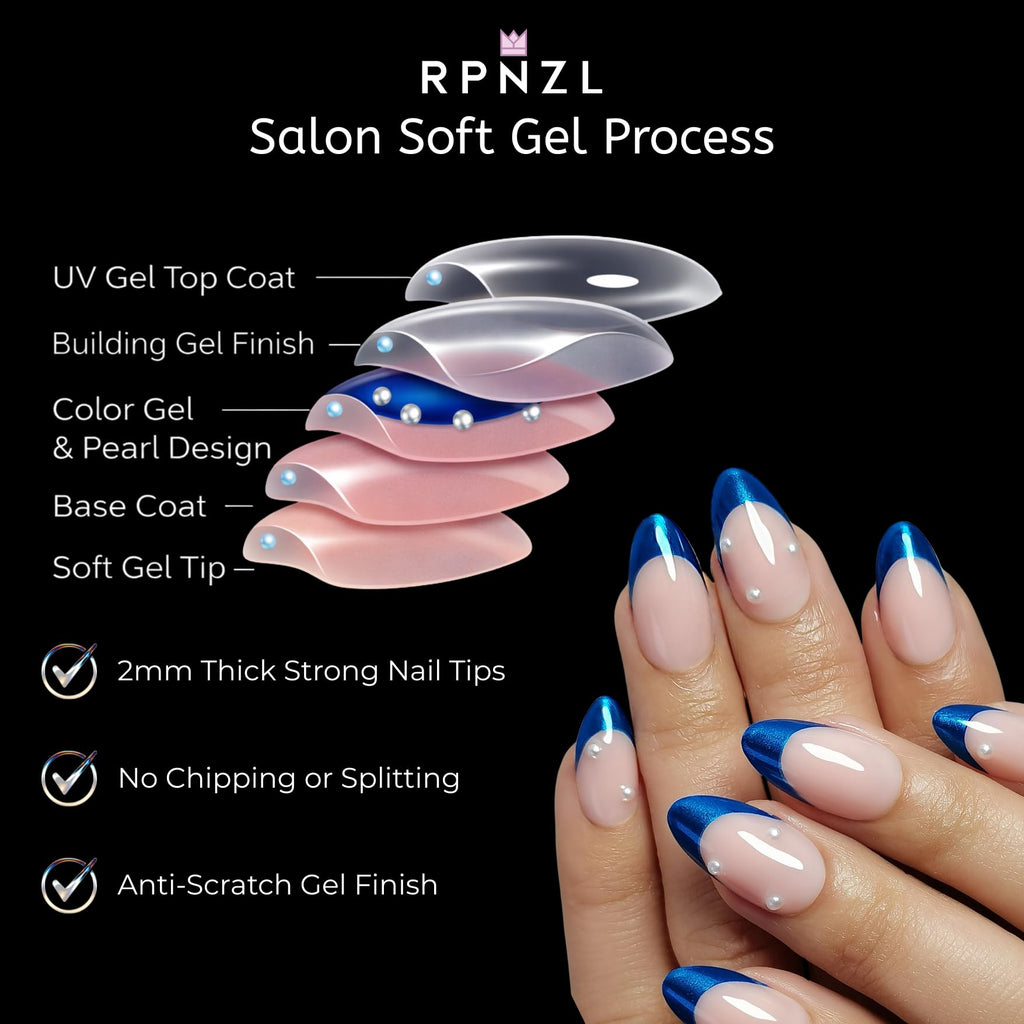RPNZL Ocean Press On Nails – Blue Chrome French Tip with Pearl Design, UV Finish, Almond Nails, 32 Nails in 16 Sizes, Glue & Tabs Included