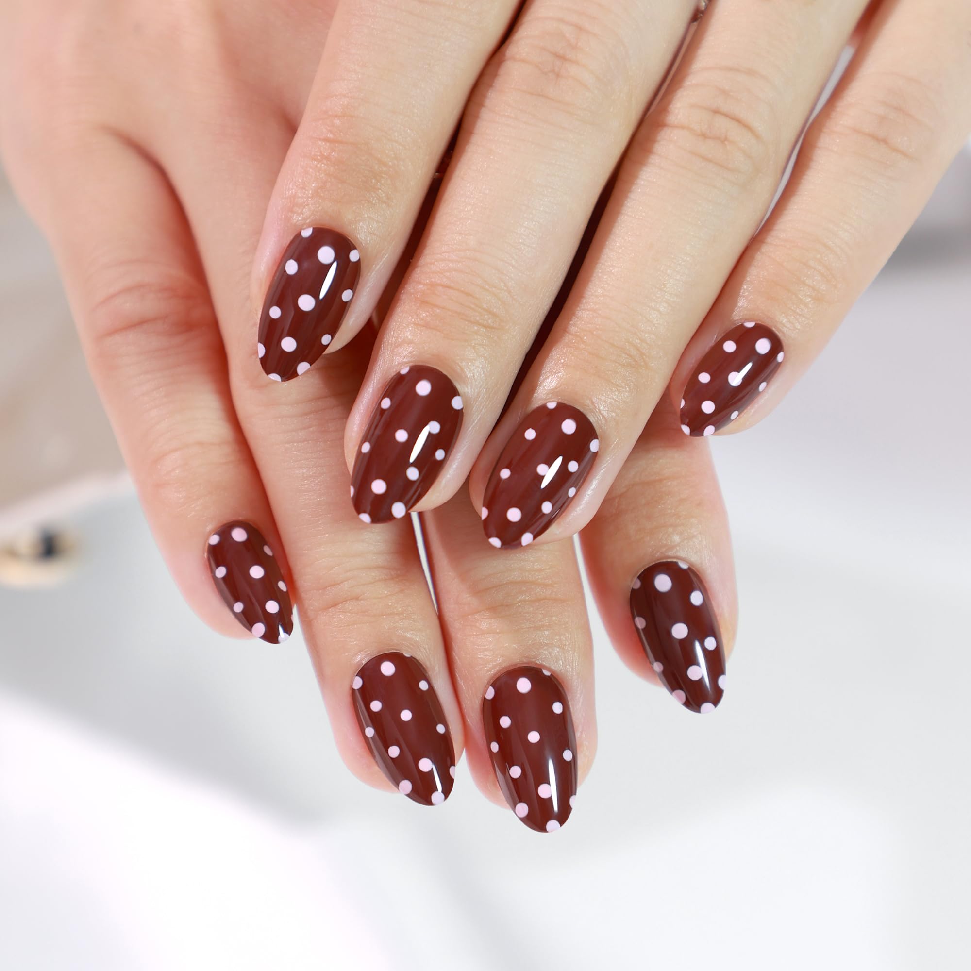 RPNZL Berry Press On Nails - Red Polka Dot UV Finish Almond Nails | 32 Nails, 16 Sizes Kit