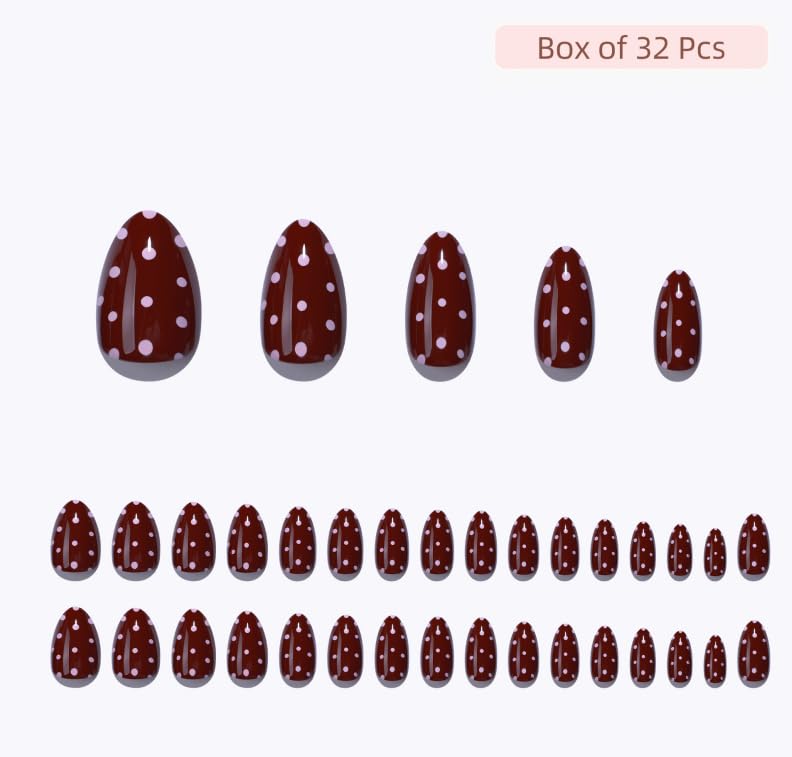 RPNZL Berry Press On Nails - Red Polka Dot UV Finish Almond Nails | 32 Nails, 16 Sizes Kit