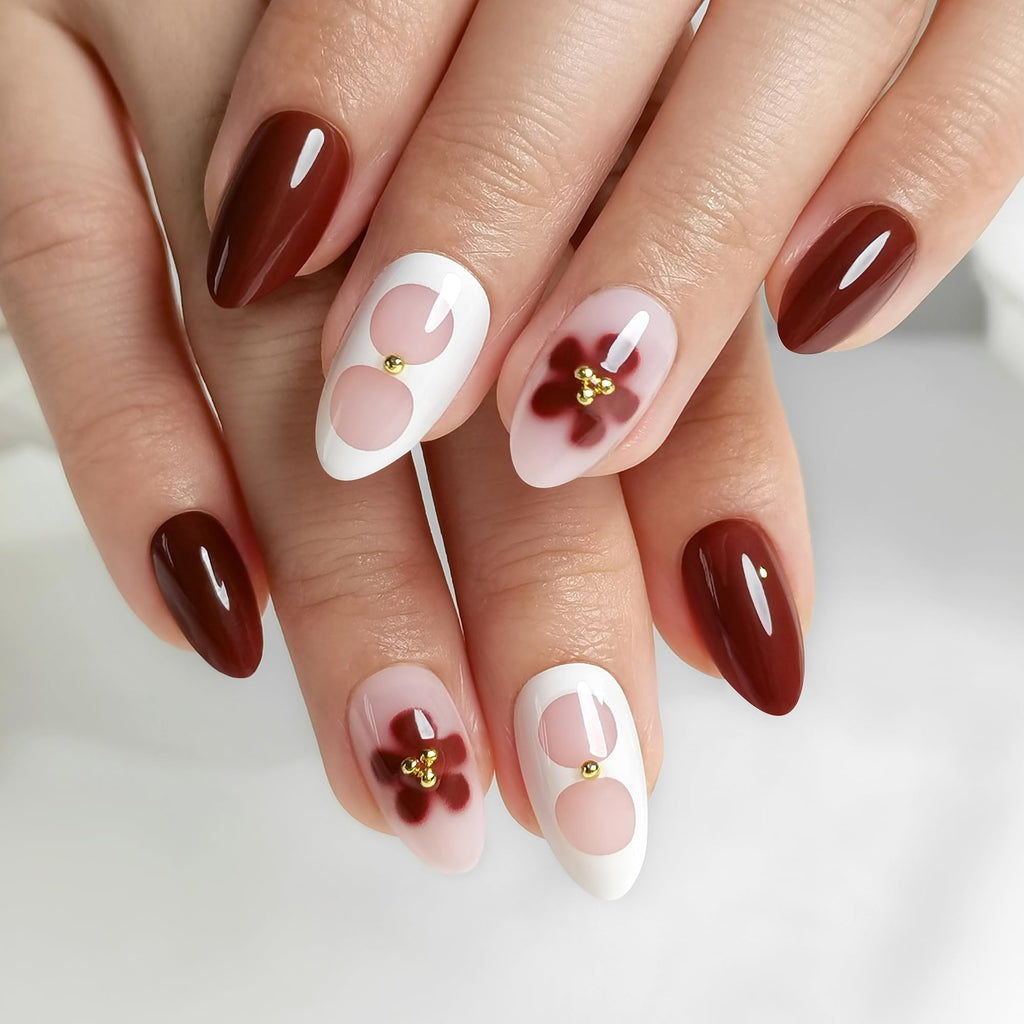 RPNZL Blossom Press On Nails – Floral Almond UV Finish, 32 Nails, 16 Sizes