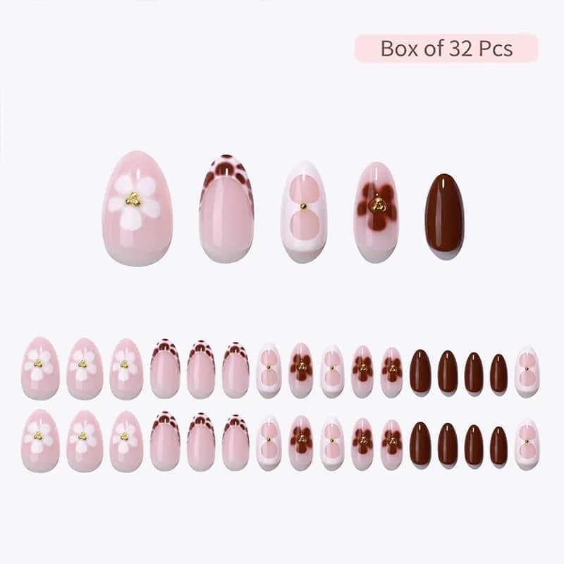 RPNZL Blossom Press On Nails – Floral Almond UV Finish, 32 Nails, 16 Sizes