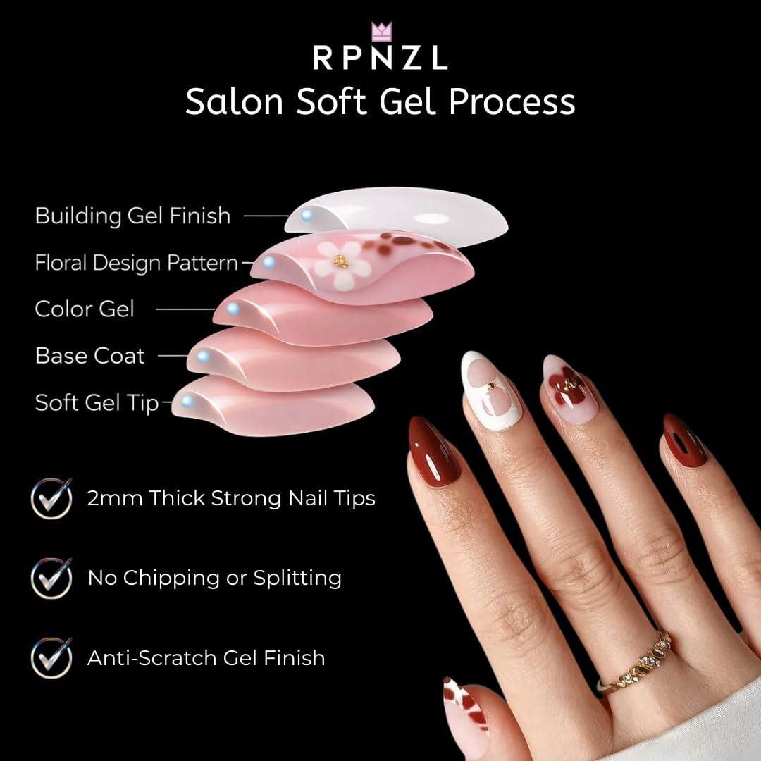 RPNZL Blossom Press On Nails – Floral Almond UV Finish, 32 Nails, 16 Sizes