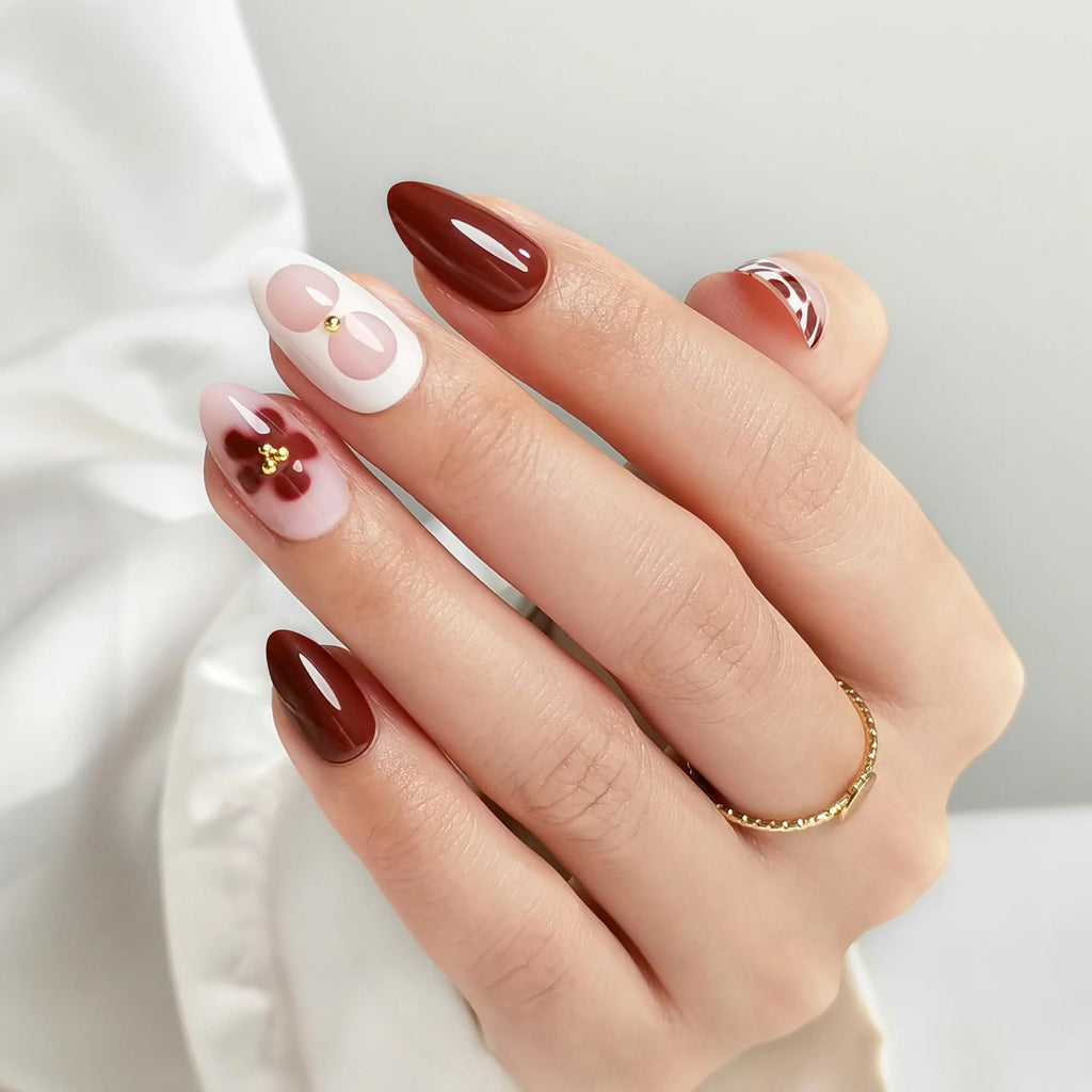RPNZL Blossom Press On Nails – Floral Almond UV Finish, 32 Nails, 16 Sizes