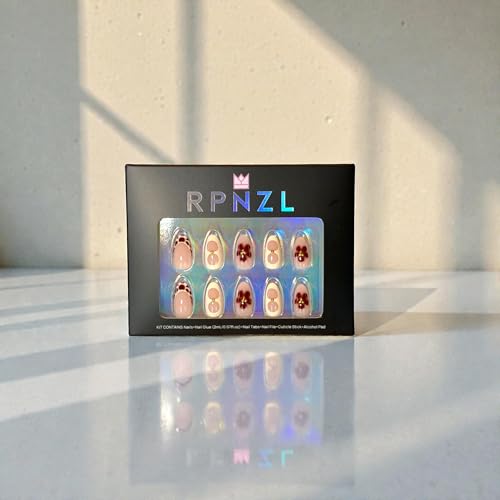 RPNZL Blossom Press On Nails – Floral Almond UV Finish, 32 Nails, 16 Sizes
