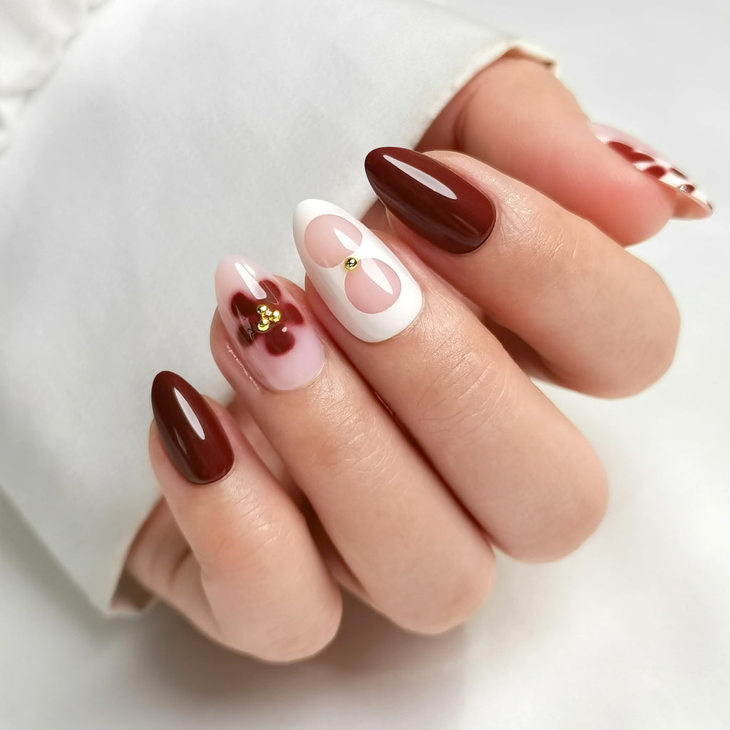 RPNZL Blossom Press On Nails – Floral Almond UV Finish, 32 Nails, 16 Sizes