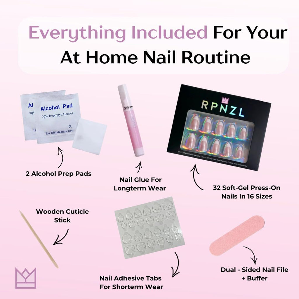 RPNZL Blossom Press On Nails – Floral Almond UV Finish, 32 Nails, 16 Sizes