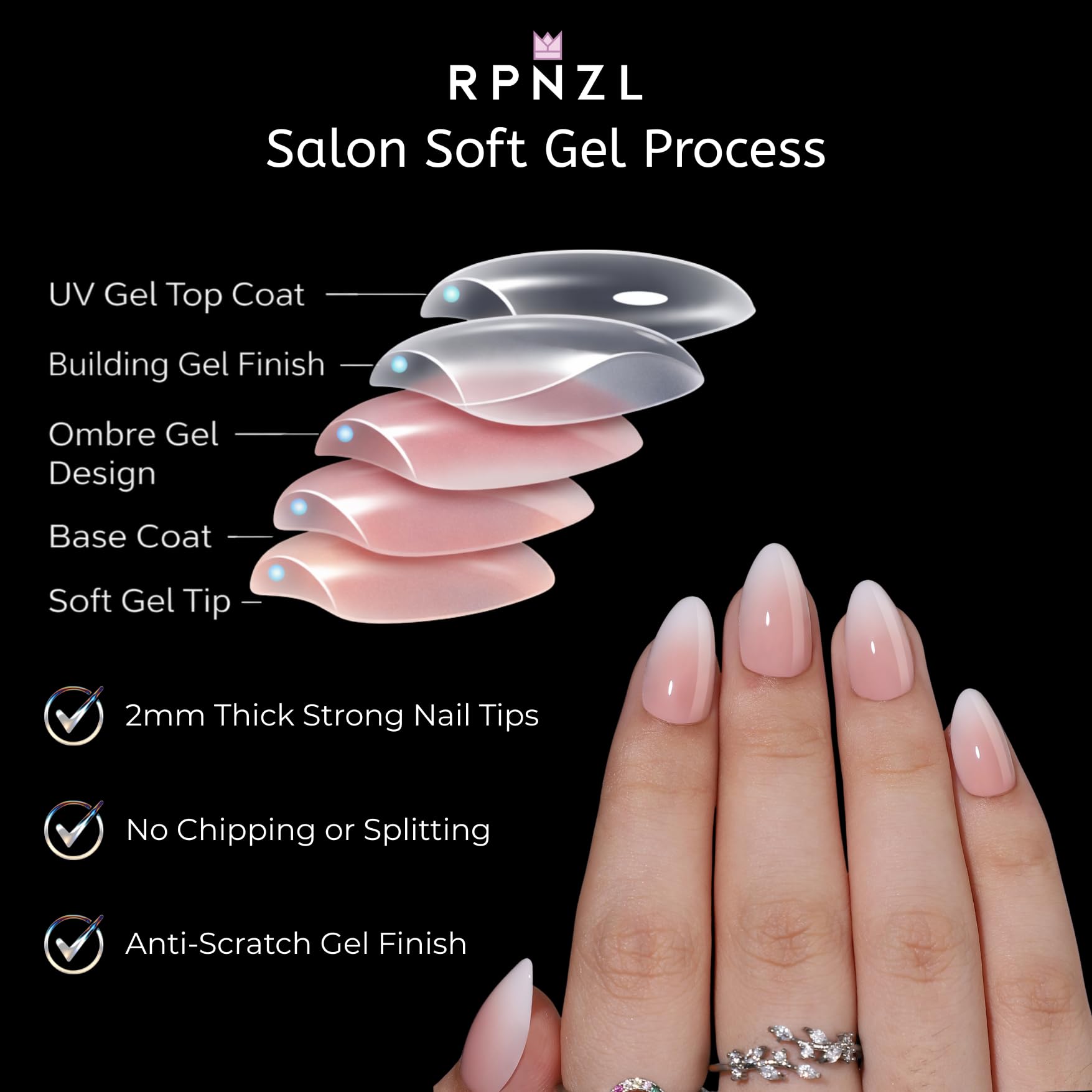 RPNZL Press On Nails Cappuccino – Ombre French Tip, UV Finish, 32 Nails Kit
