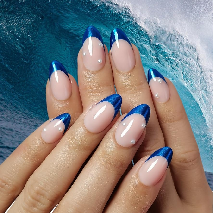 RPNZL Ocean Press On Nails – Blue Chrome French Tip with Pearl Design, UV Finish, Almond Nails, 32 Nails in 16 Sizes, Glue & Tabs Included