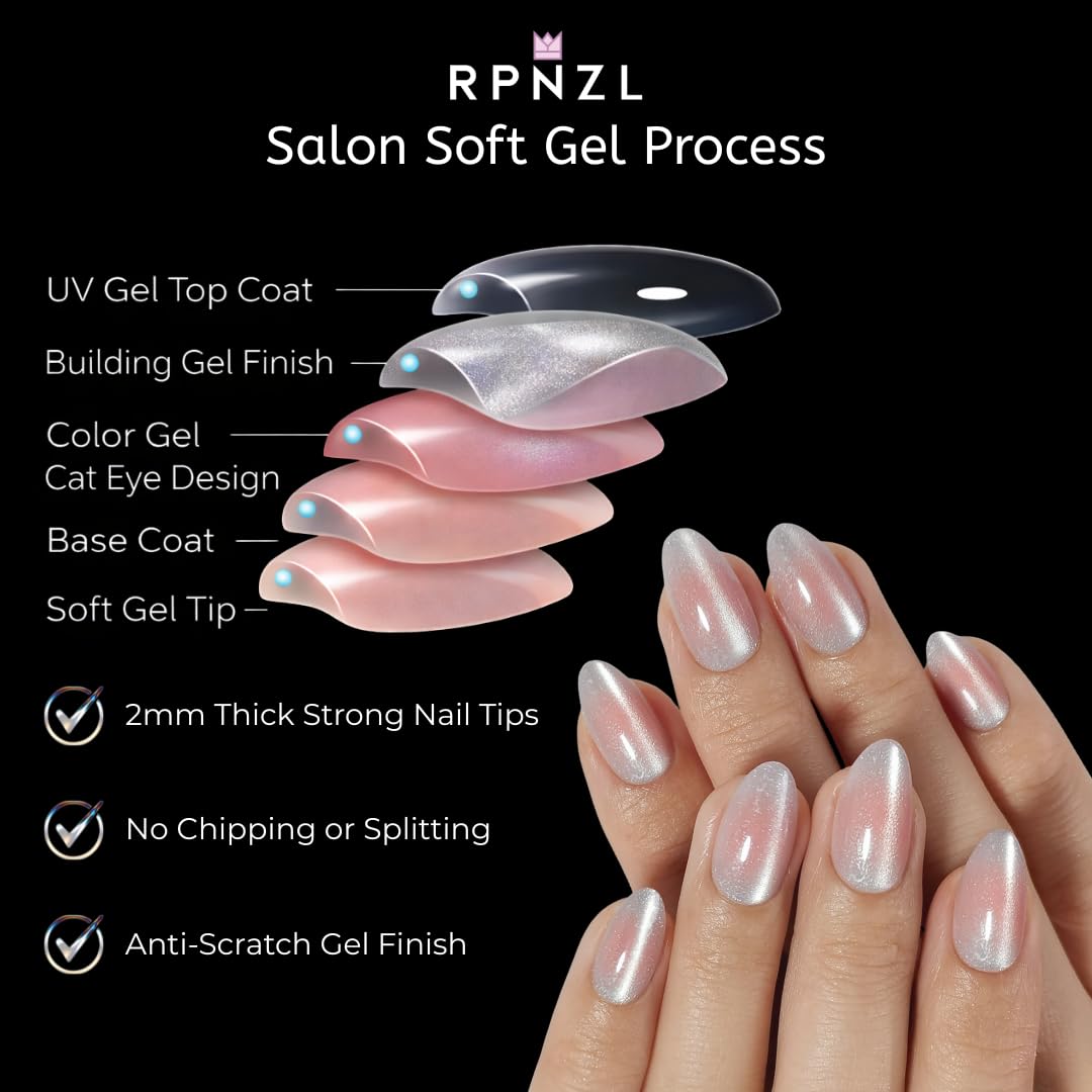 RPNZL Halo Press On Nails – White & Pink Cat Eye UV Finish, Medium Almond, 32 Nails Kit (16 Sizes)