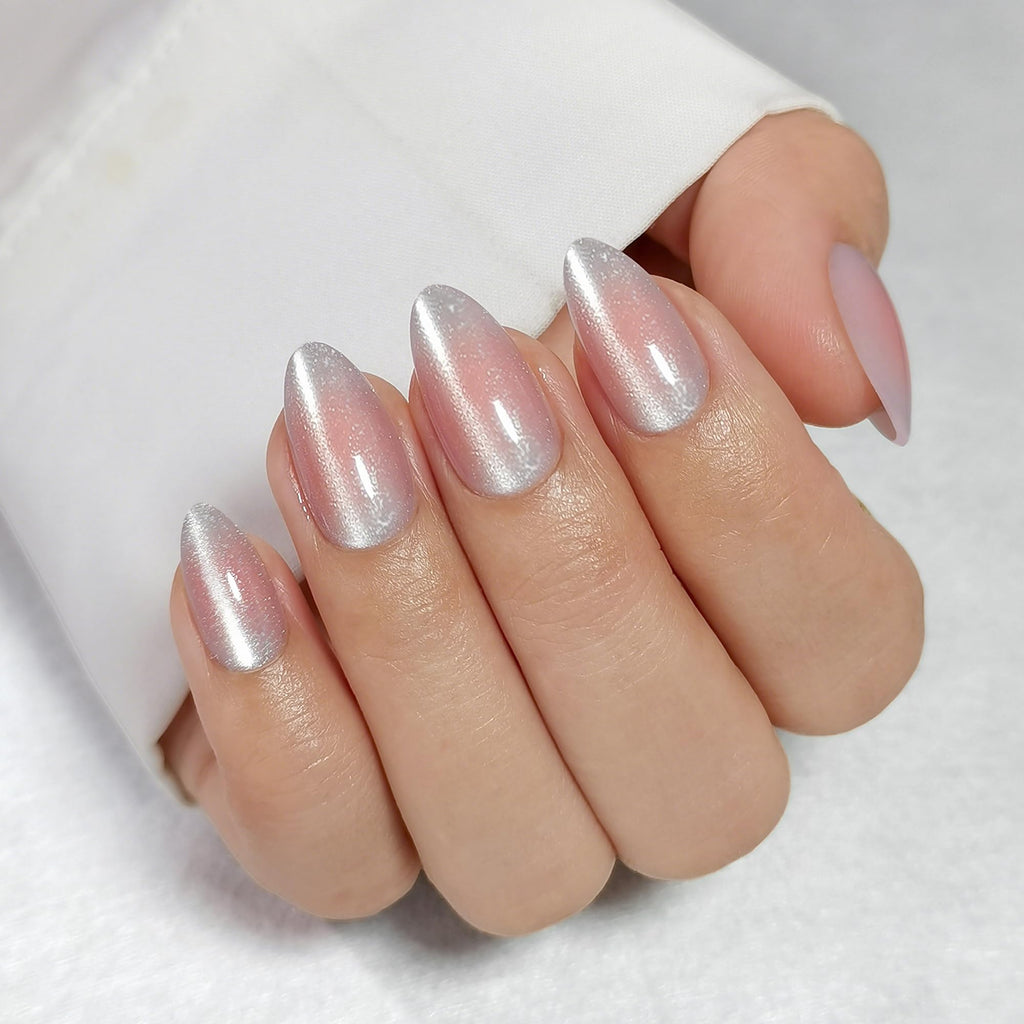 RPNZL Halo Press On Nails – White & Pink Cat Eye UV Finish, Medium Almond, 32 Nails Kit (16 Sizes)