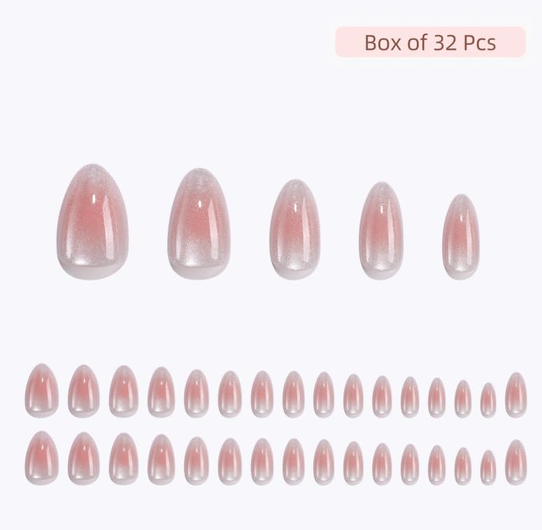 RPNZL Halo Press On Nails – White & Pink Cat Eye UV Finish, Medium Almond, 32 Nails Kit (16 Sizes)