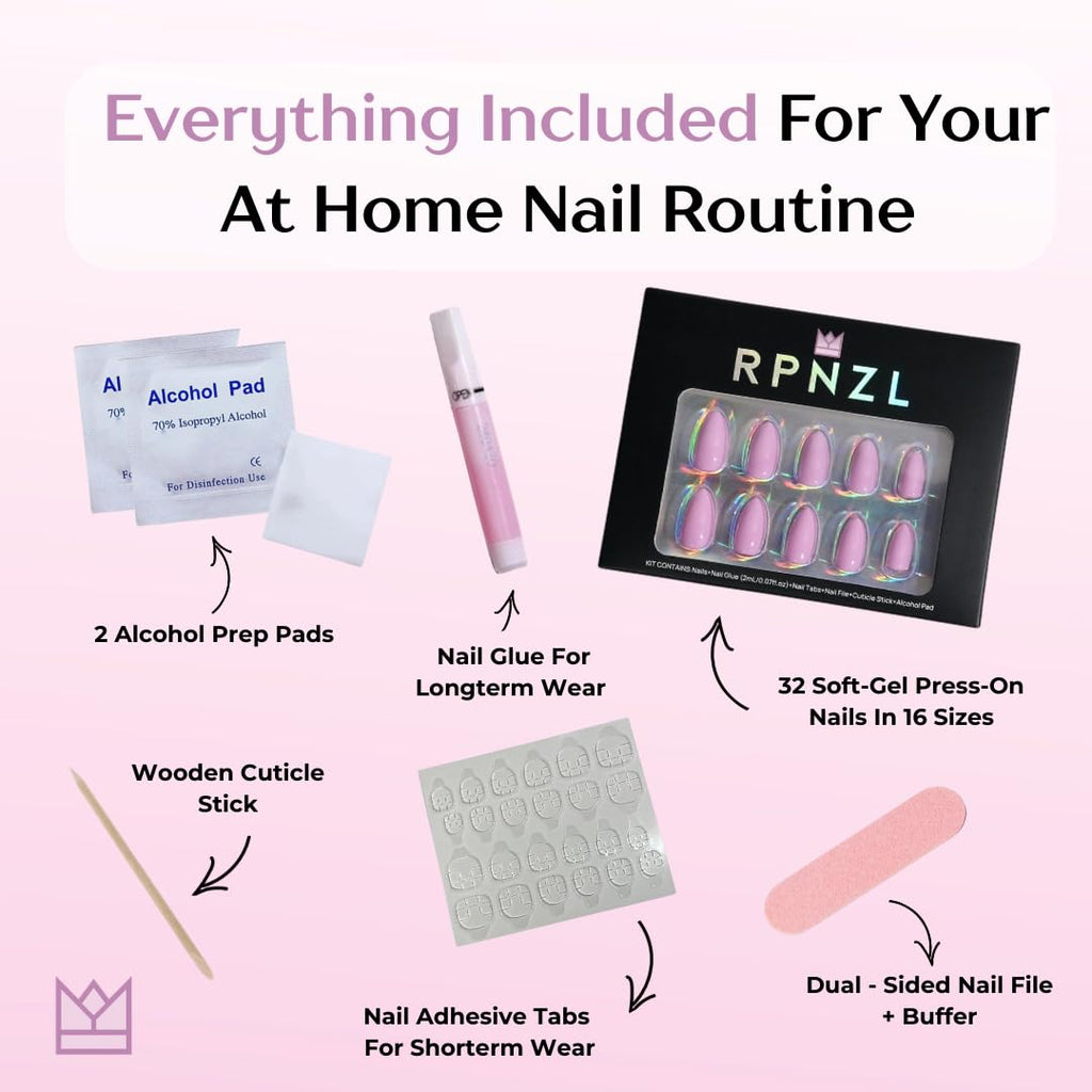 RPNZL Halo Press On Nails – White & Pink Cat Eye UV Finish, Medium Almond, 32 Nails Kit (16 Sizes)