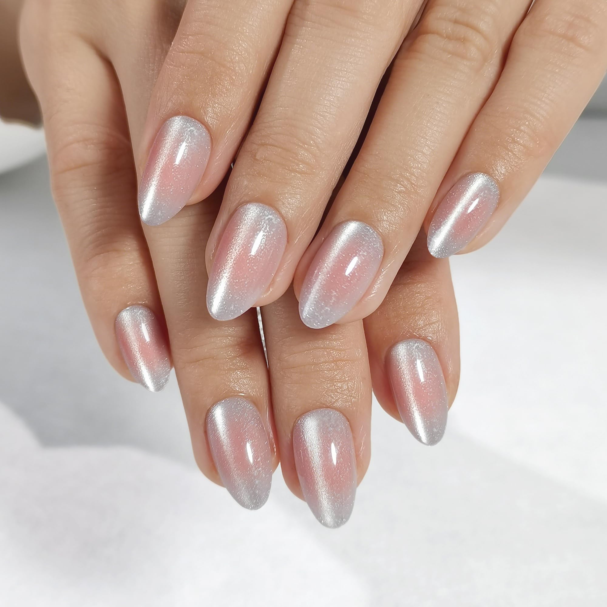 RPNZL Halo Press On Nails – White & Pink Cat Eye UV Finish, Medium Almond, 32 Nails Kit (16 Sizes)
