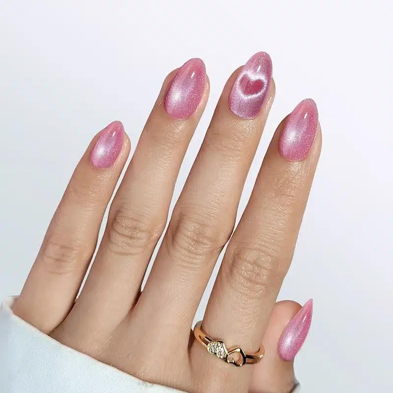 RPNZL Love Beam Press On Nails – Heart Cat Eye, UV Finish Almond, 32 Nails Kit