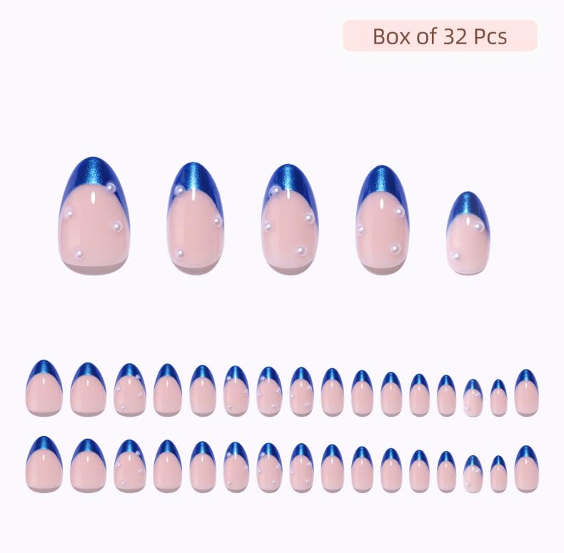 RPNZL Ocean Press On Nails – Blue Chrome French Tip with Pearl Design, UV Finish, Almond Nails, 32 Nails in 16 Sizes, Glue & Tabs Included
